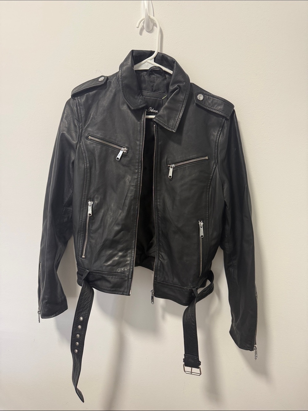 Sam Edelman Black Leather Moto Jacket with Belted Hem